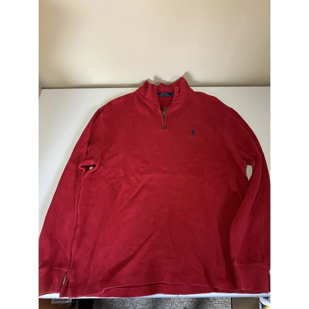 Polo Ralph Lauren Mens Large Red Quarter Zip Pullover Cotton Ribbed Sweater L